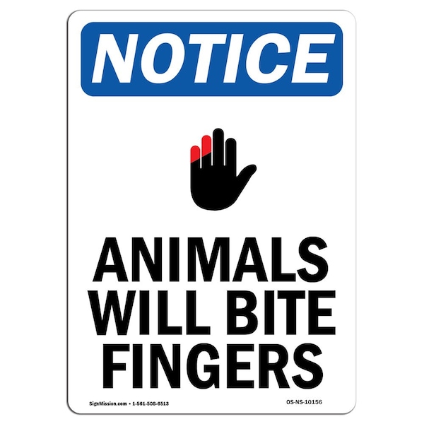 OSHA Sign, Animals Will Bite Fingers With Symbol, 14in X 10in Aluminum, 10" W, 14" L, Portrait